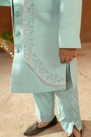Littleens-Blue Embroidered Achkan With Trouser-INDIASPOPUP.COM