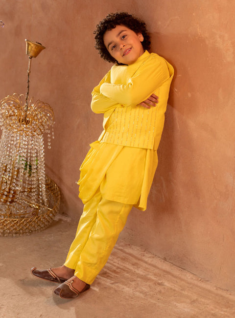 Littleens-Yellow Nehru Jacket With Drape Kurta And Trouser-INDIASPOPUP.COM