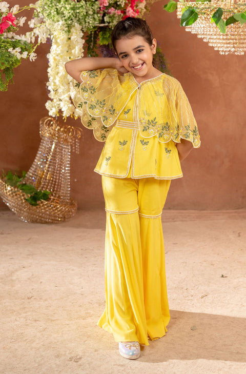 Littleens-Yellow Sharara Cape Set-INDIASPOPUP.COM
