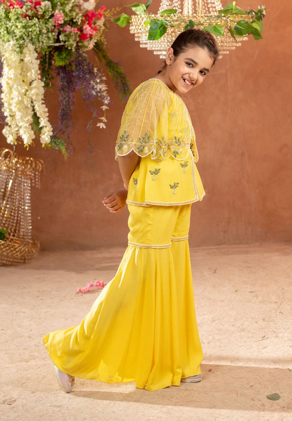 Littleens-Yellow Sharara Cape Set-INDIASPOPUP.COM