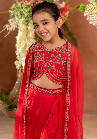 Littleens-Red Embroidered Skirt With Blouse And Cape-INDIASPOPUP.COM