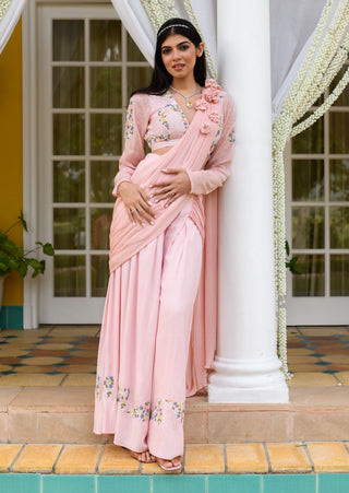 Littleens-Pink Sharara Saree With Blouse And Dupatta-INDIASPOPUP.COM