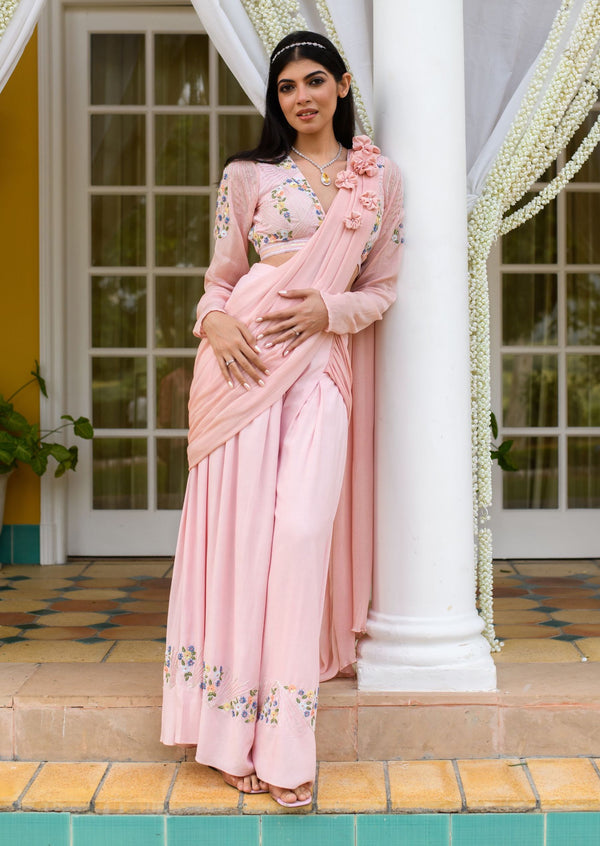 Pink Persian Printed Draped Sharara Saree