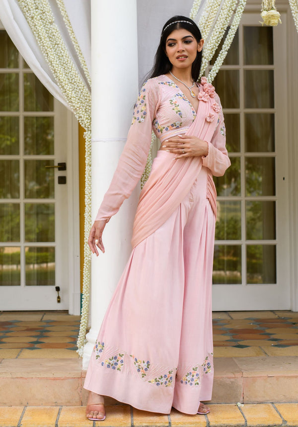 Pink Draped Sharara Saree in Georgette with Cutdana Worked Blouse -...