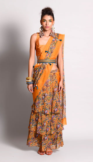 Rishi & Vibhuti-Ochre Printed Saree Set-INDIASPOPUP.COM