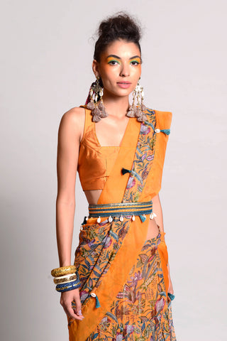 Rishi & Vibhuti-Ochre Printed Saree Set-INDIASPOPUP.COM