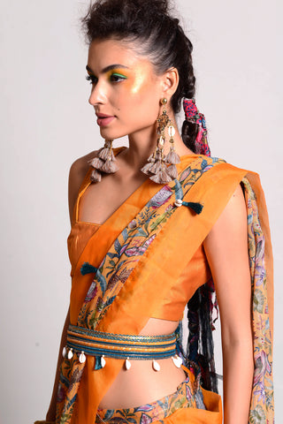 Rishi & Vibhuti-Ochre Printed Saree Set-INDIASPOPUP.COM