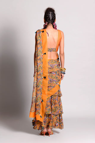 Rishi & Vibhuti-Ochre Printed Saree Set-INDIASPOPUP.COM