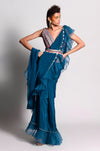 Rishi & Vibhuti-Teal Ruffle Saree Set With Belt-INDIASPOPUP.COM