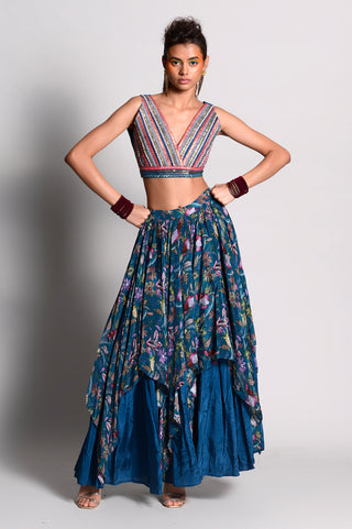 Rishi & Vibhuti-Teal Printed Crop Top With Skirt-INDIASPOPUP.COM