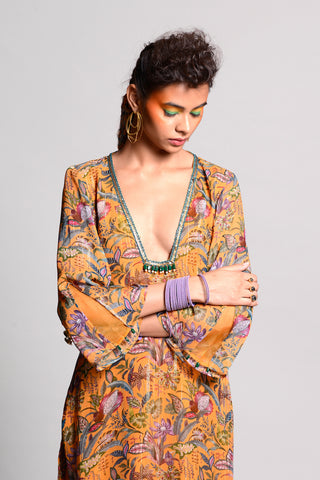 Rishi & Vibhuti-Ochre Printed Kurta Set-INDIASPOPUP.COM