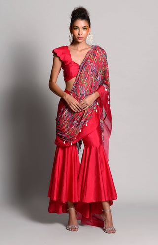 Rishi & Vibhuti-Raspberry Printed Saree Set-INDIASPOPUP.COM