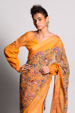Rishi & Vibhuti-Ochre Tropical Printed Saree-INDIASPOPUP.COM