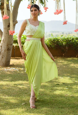 Littleens-Green Embroidered Drape Sari Set-INDIASPOPUP.COM