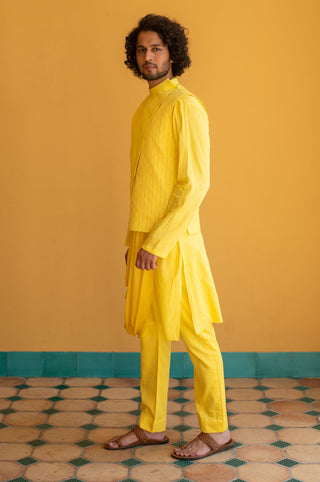 Littleens-Yellow Nehru Jacket Kurta Set-INDIASPOPUP.COM