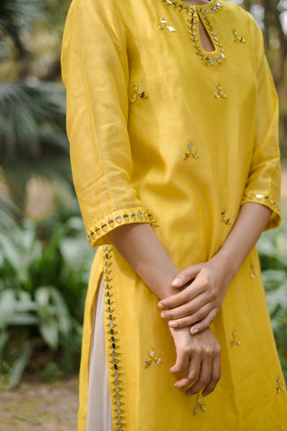 House Of Pink-Yellow Straight Chanderi Kurta Set-INDIASPOPUP.COM