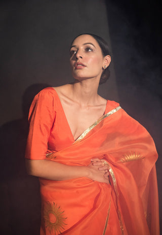 Kapardara-Orange Silk Organza Sari-INDIASPOPUP.COM