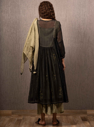Gazal Mishra-Charcoal Gather Dress With Plain Yoke-INDIASPOPUP.COM