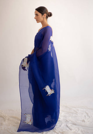 Kapardara-Blue Silk Organza Sari-INDIASPOPUP.COM