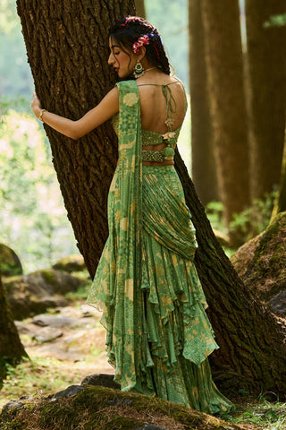 Paulmi & Harsh-Green Georgette Pre-Draped Sari With Blouse-INDIASPOPUP.COM