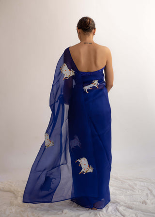 Kapardara-Blue Silk Organza Sari-INDIASPOPUP.COM