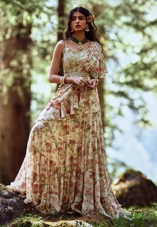 Paulmi & Harsh-Off-White Floral Print Pre-Draped Sari Set-INDIASPOPUP.COM