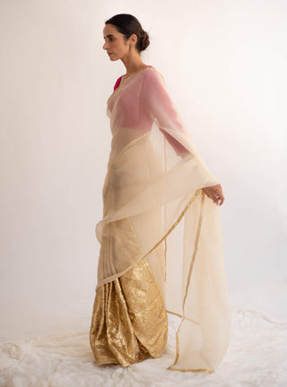 Kapardara-Cream Silk Organza Sari-INDIASPOPUP.COM