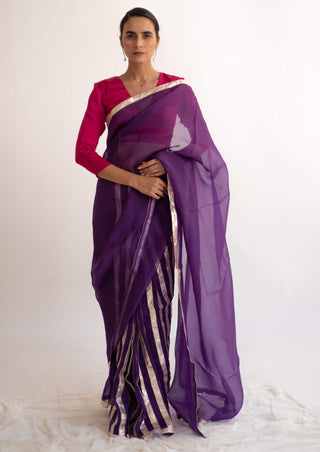 Kapardara-Royal Purple Silk Organza Sari-INDIASPOPUP.COM