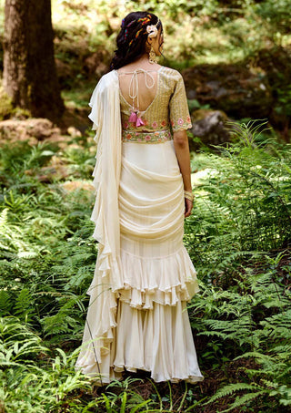 Paulmi & Harsh-Off-White Draped Sari Set-INDIASPOPUP.COM