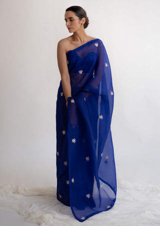 Kapardara-Royal Blue Silk Organza Sari-INDIASPOPUP.COM