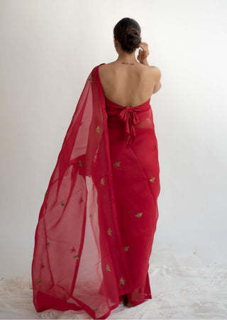 Kapardara-Scarlet Red Silk Organza Sari-INDIASPOPUP.COM