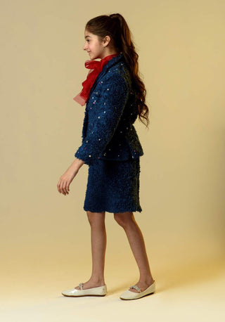 Littleens-Sapphire Blue Blazer With Skirt And Bow-INDIASPOPUP.COM