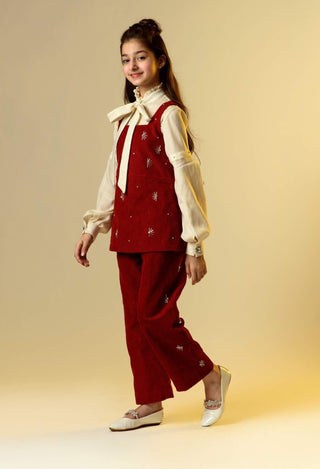 Littleens-Red Corduroy Overlay With Shirt And Trouser-INDIASPOPUP.COM