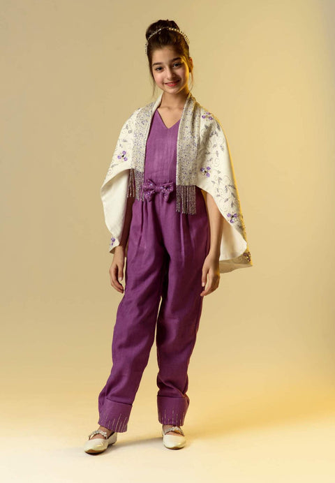 Littleens-Lavender Jumpsuit With Cape Shawl-INDIASPOPUP.COM