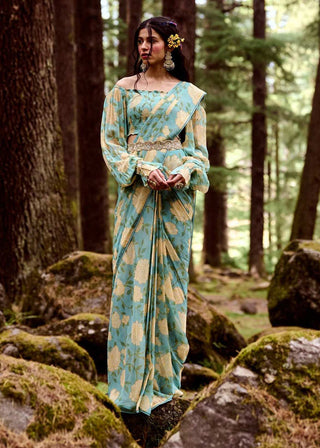 Paulmi & Harsh-Teapot Blue Rose Print Pre-Draped Sari Set-INDIASPOPUP.COM
