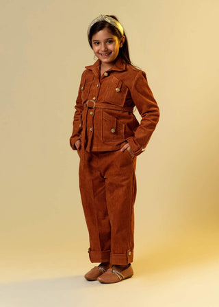 Littleens-Brown Corduroy Shirt With Trouser-INDIASPOPUP.COM