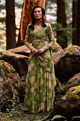 Paulmi & Harsh-Fern Green Print Pre-Draped Sari Set-INDIASPOPUP.COM