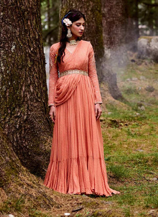 Paulmi & Harsh-Sherbet Orange Draped Anarkali With Belt-INDIASPOPUP.COM