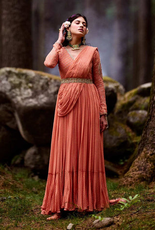 Paulmi & Harsh-Sherbet Orange Draped Anarkali With Belt-INDIASPOPUP.COM