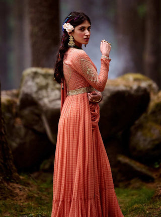 Paulmi & Harsh-Sherbet Orange Draped Anarkali With Belt-INDIASPOPUP.COM