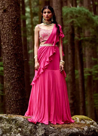 Paulmi & Harsh-Rani Pink Pre-Draped Sari Set-INDIASPOPUP.COM