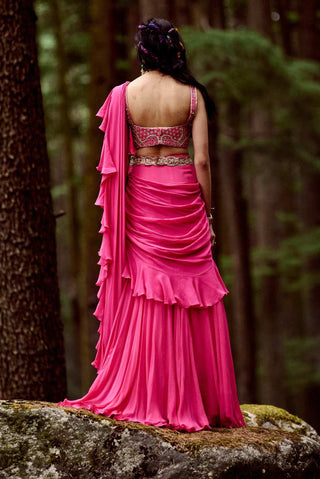 Paulmi & Harsh-Rani Pink Pre-Draped Sari Set-INDIASPOPUP.COM