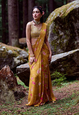 Paulmi & Harsh-Ochre Yellow Print Pre-Draped Sari Set-INDIASPOPUP.COM