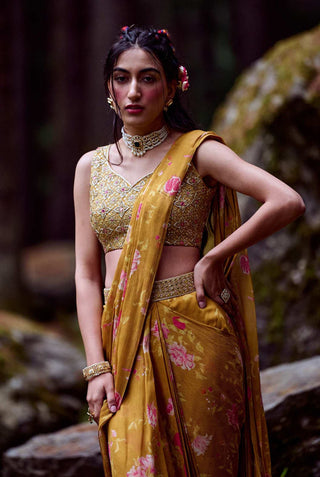 Paulmi & Harsh-Ochre Yellow Print Pre-Draped Sari Set-INDIASPOPUP.COM