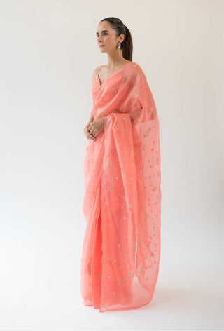 Kapardara-Coral Carina Silk Organza Sari-INDIASPOPUP.COM