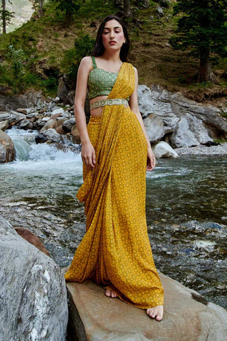 Paulmi & Harsh-Orche Yellow Pre-Draped Sari Set-INDIASPOPUP.COM