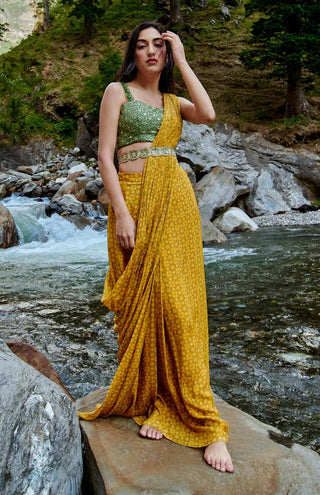 Paulmi & Harsh-Orche Yellow Pre-Draped Sari Set-INDIASPOPUP.COM