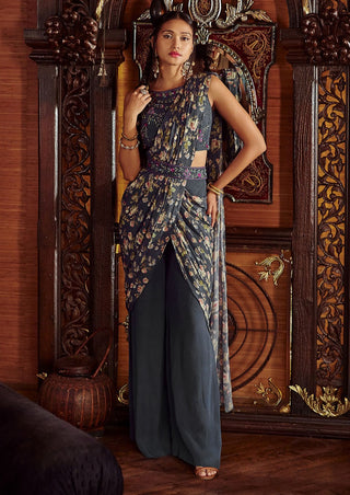 Kalista-Saisha Blue Pre-Draped Pant Sari And Blouse-INDIASPOPUP.COM