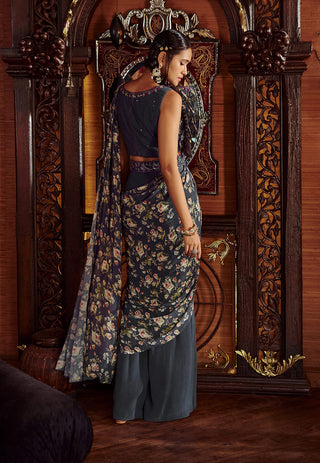 Kalista-Saisha Blue Pre-Draped Pant Sari And Blouse-INDIASPOPUP.COM