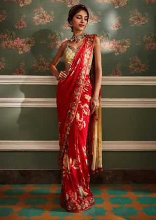 Kalista-Rehmat Red Pre-Draped Sari With Blouse-INDIASPOPUP.COM